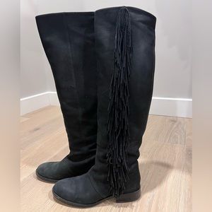 Sam Edelman Josephine Slouch Fringe Knee High Leather Boots - Black - Size 6.5